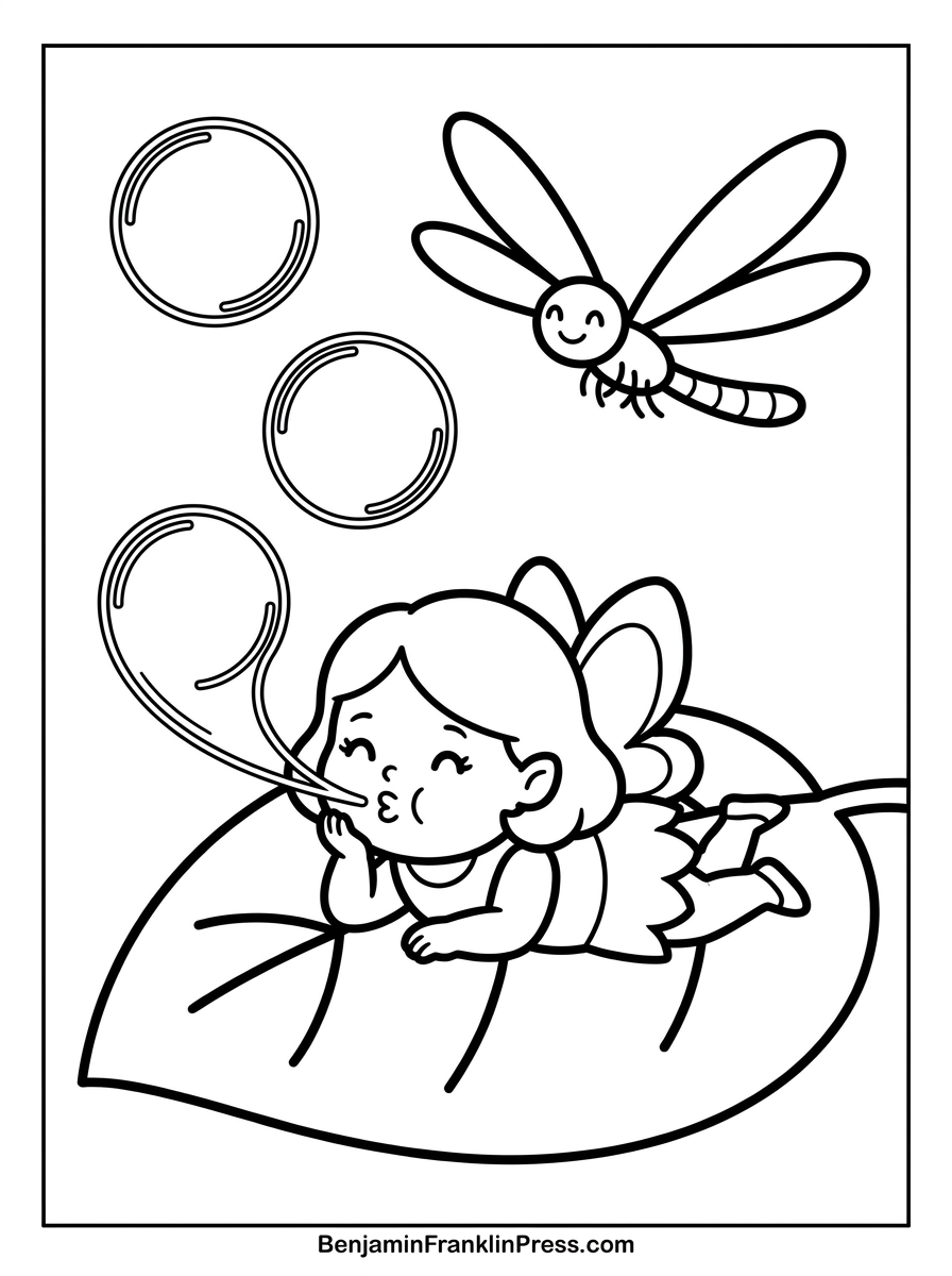 Fadinha para colorir deitada em uma folha soprando bolhas de sabão, com uma libélula ao lado, desenho infantil