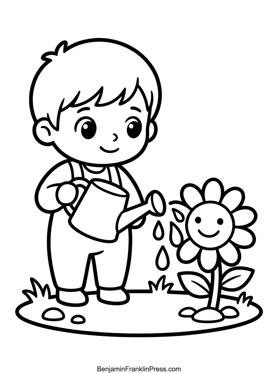 Girassol colorir com criança regando a flor, desenho simples de rotina de jardinagem para crianças