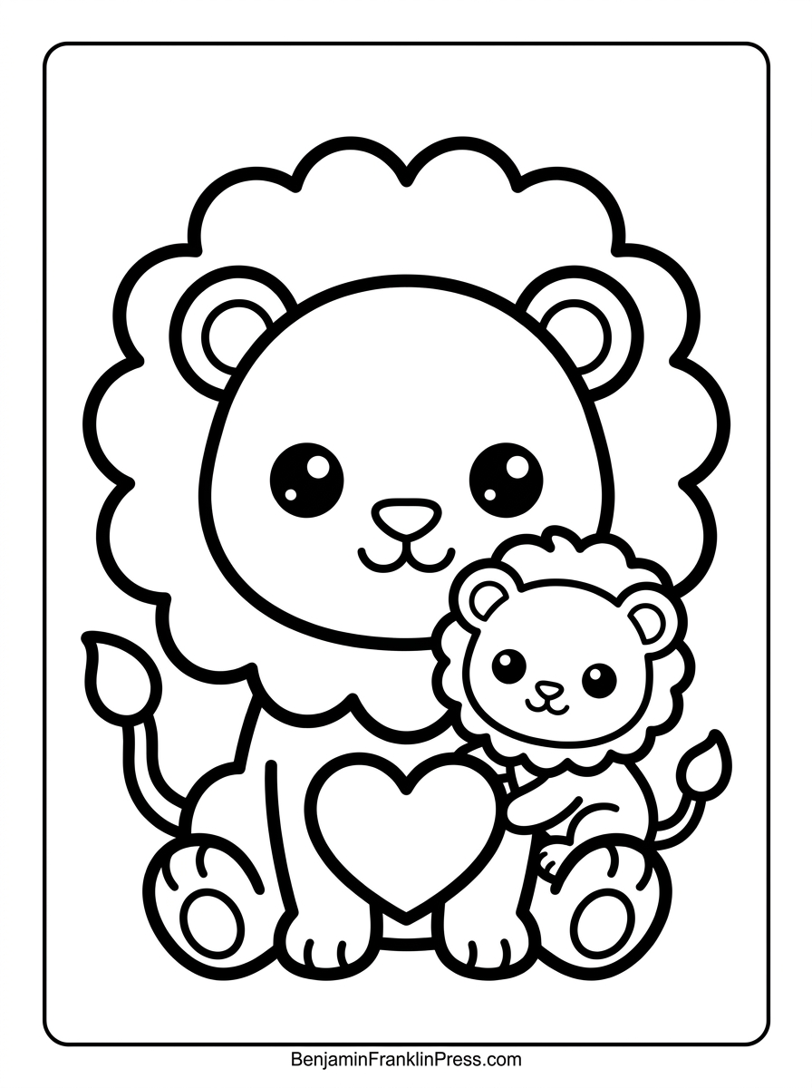 Leão para colorir com mamãe leoa abraçando o filhote, desenho de afeto entre animais fofos