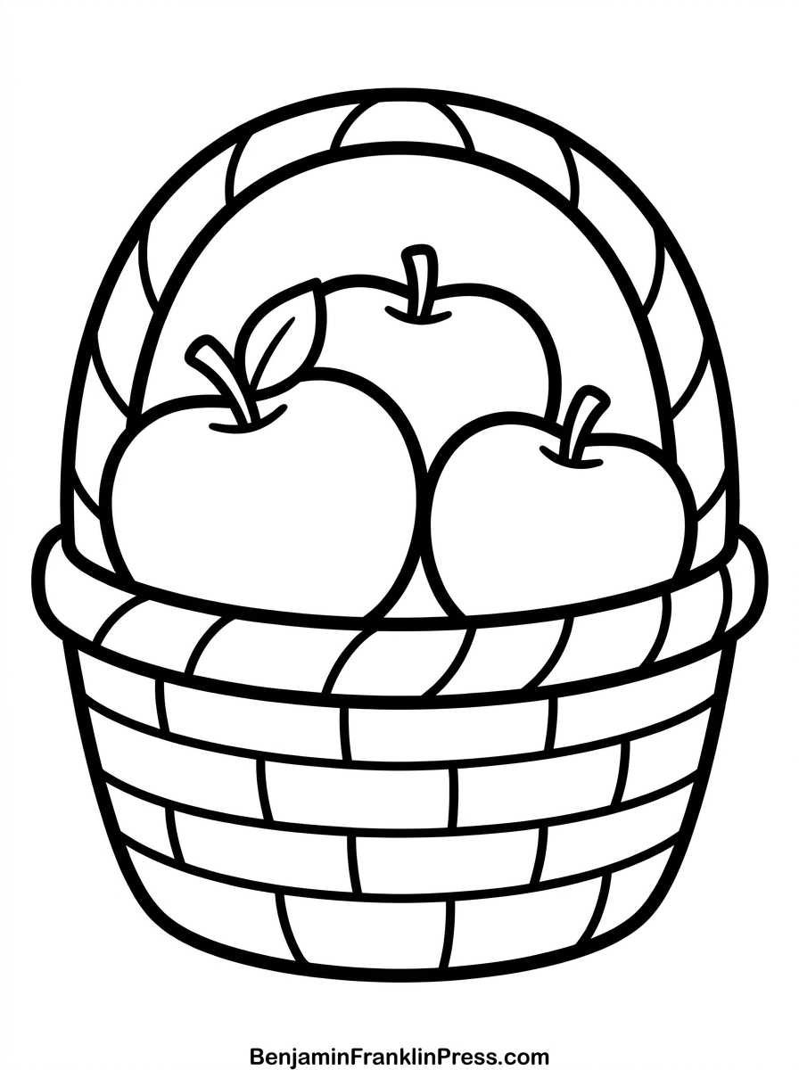 Cesta de maçãs para colorir, desenho simples com três frutas para crianças praticarem cores