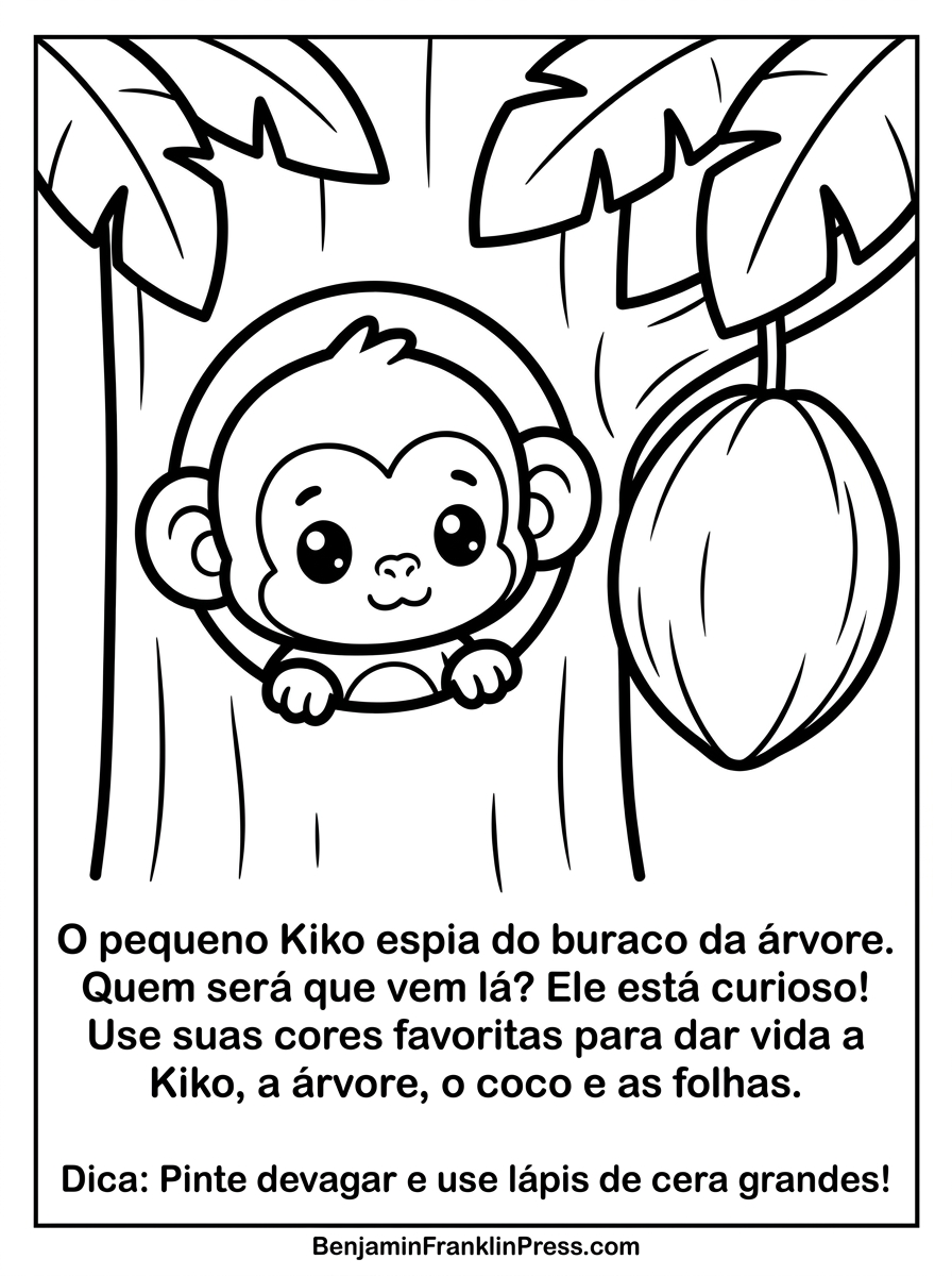 Desenho de macaco para colorir espiando de dentro de um coqueiro, com coco e folhas de palmeira ao redor