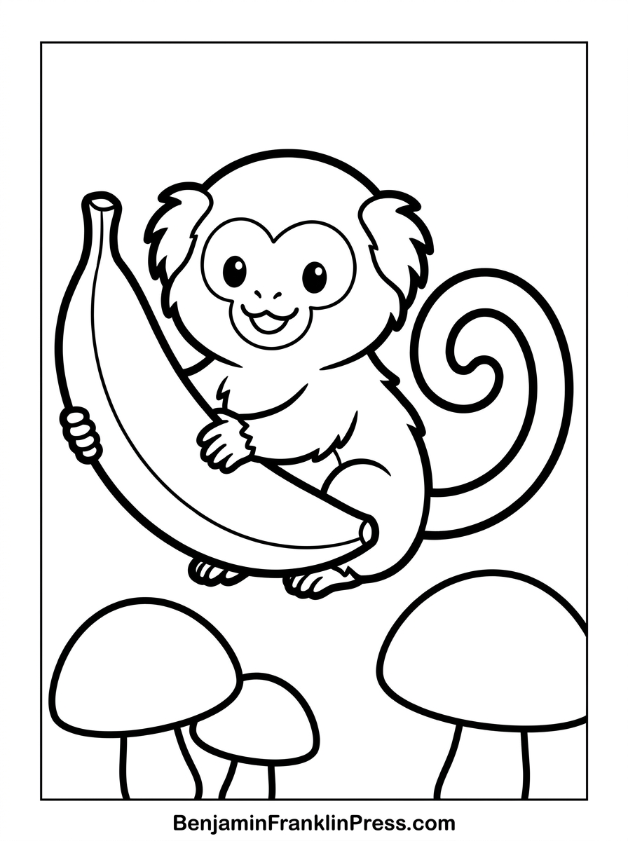 Desenho de floresta para colorir com mico fofo segurando banana grande, traços grossos e áreas amplas para crianças pequenas pintarem.