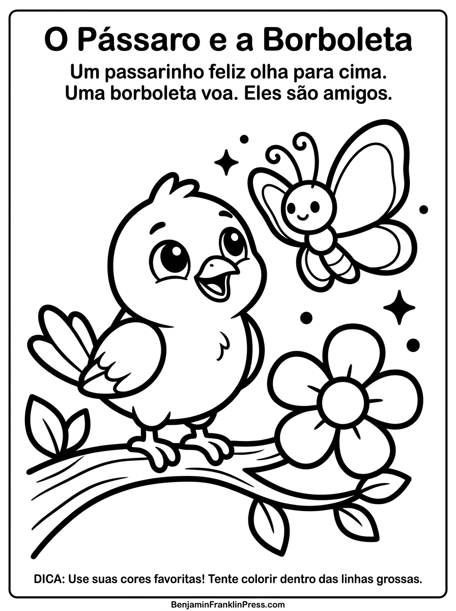 Desenho de passarinho colorir ao lado de uma borboleta fofa e uma flor, cena da natureza para crianças