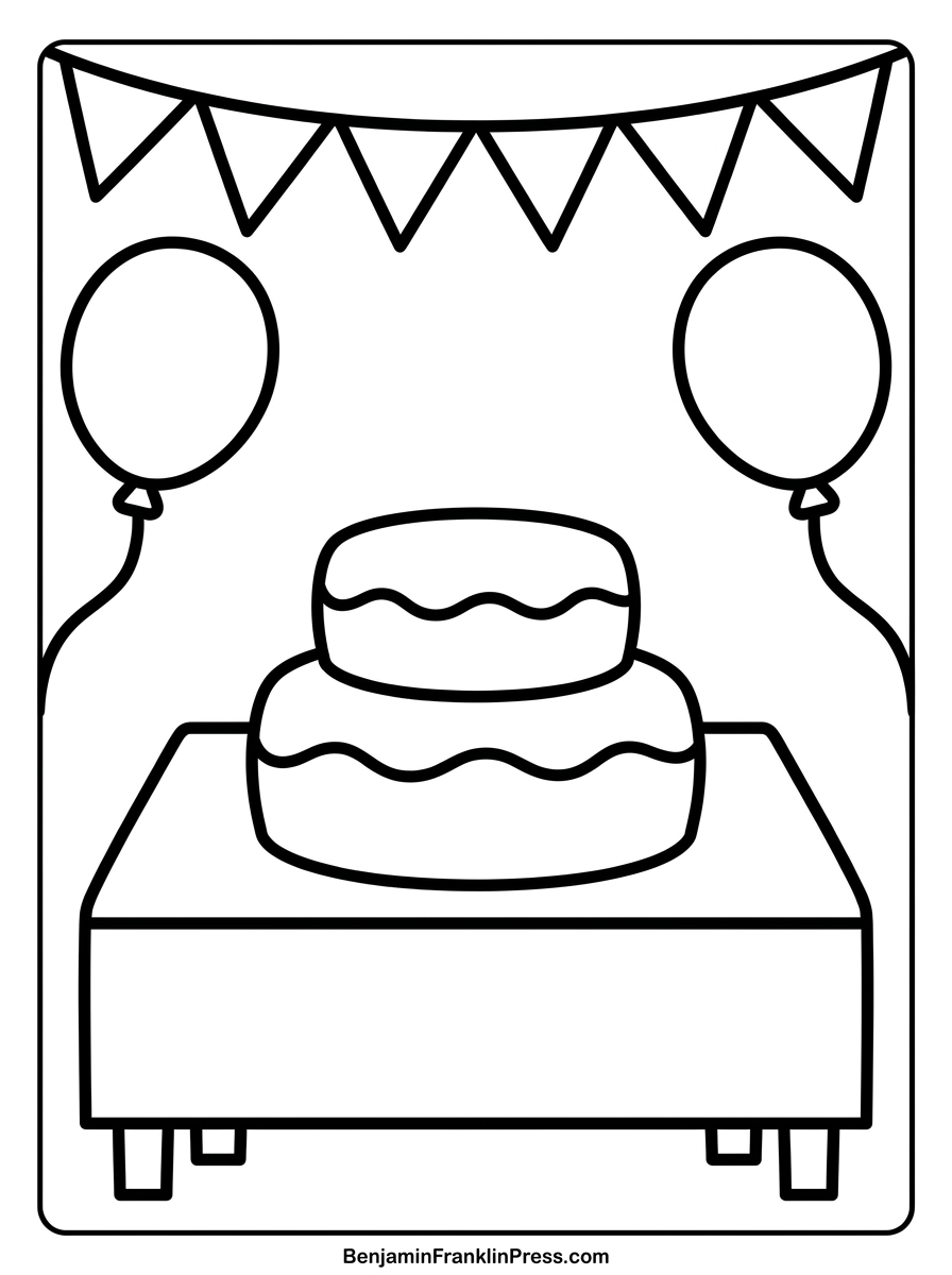 Desenho para colorir de mesa de festa com bolo de dois andares, balões e bandeirinhas