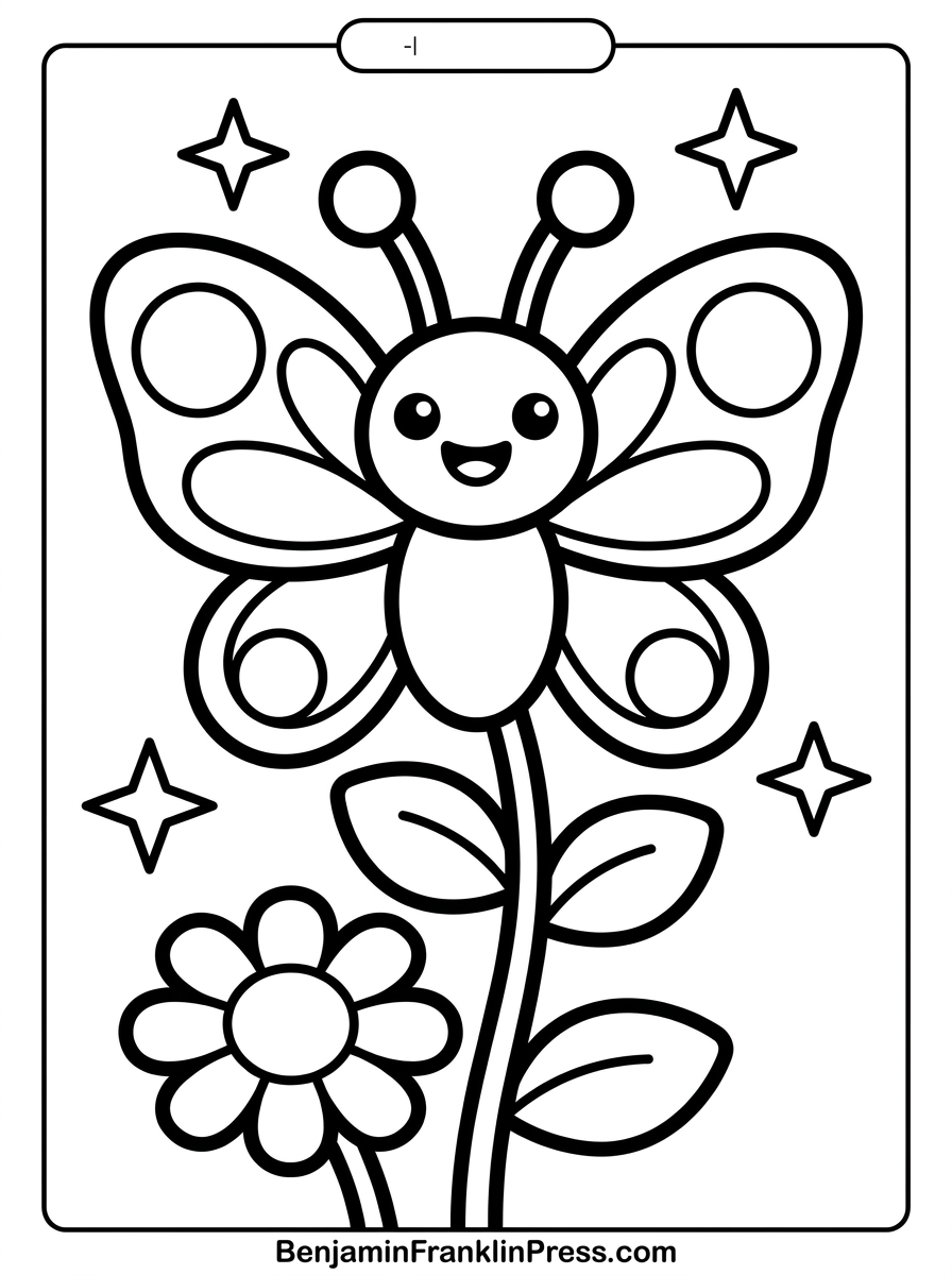 Borboleta fofa de rosto sorridente voando sobre flores grandes, traços grossos para crianças pequenas.