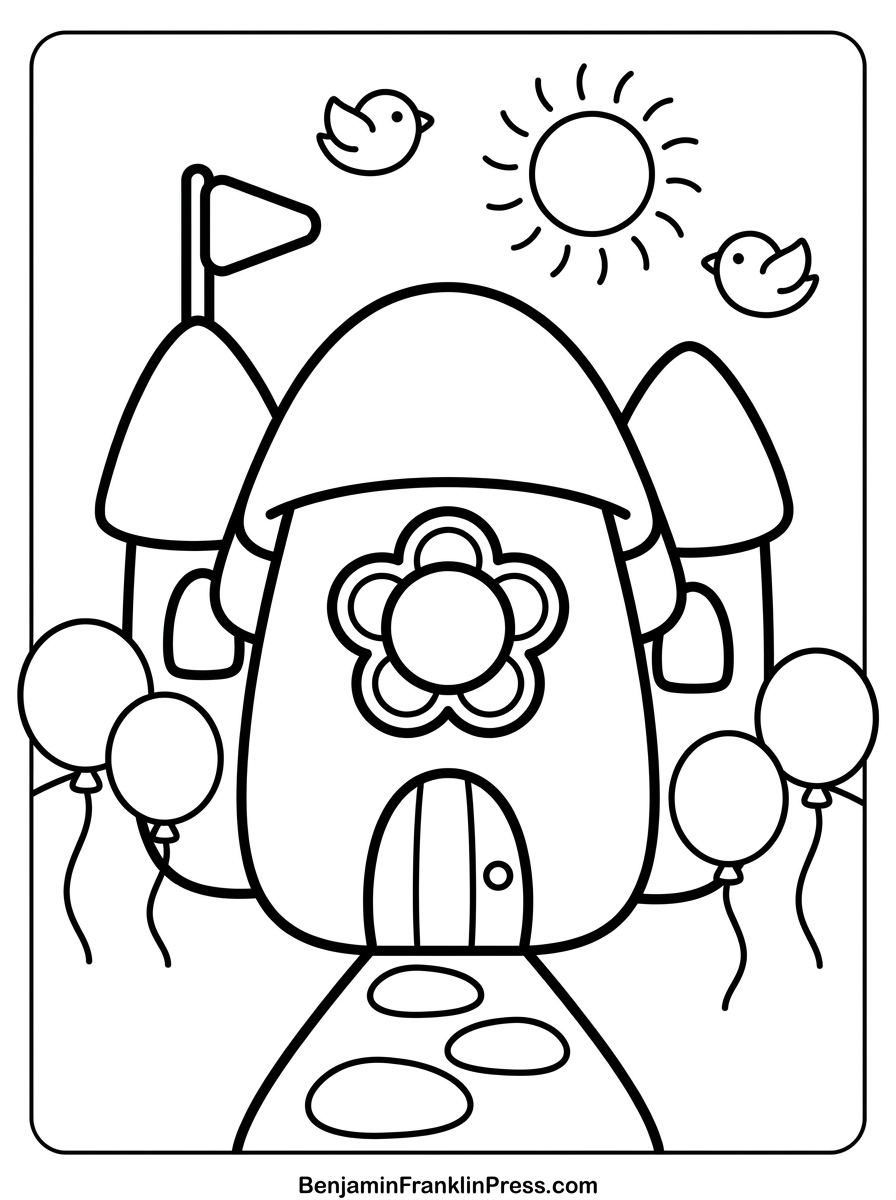 Desenho de estilo castelo fofo, com torres arredondadas, bandeirinha e balões, ideal para crianças