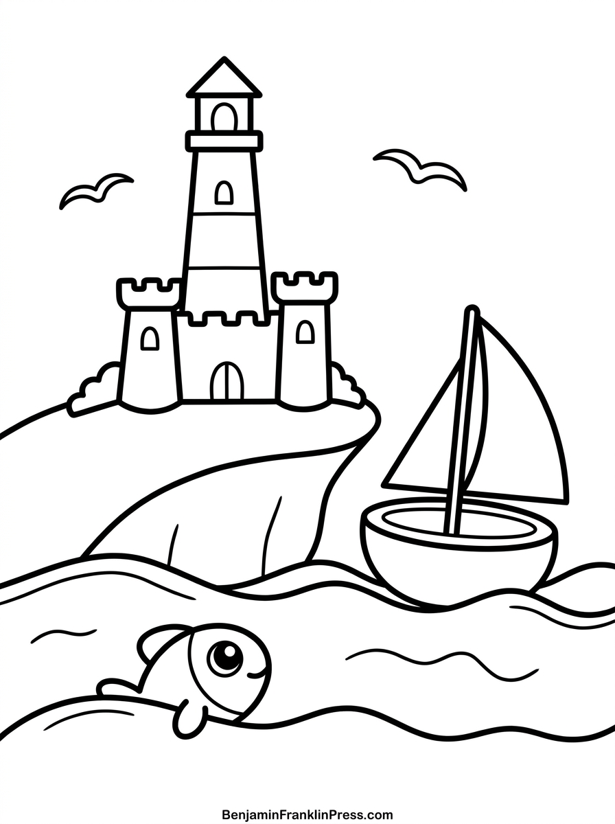 à beira-mar com barquinho, peixe e farol, desenho para imprimir e colorir com crianças
