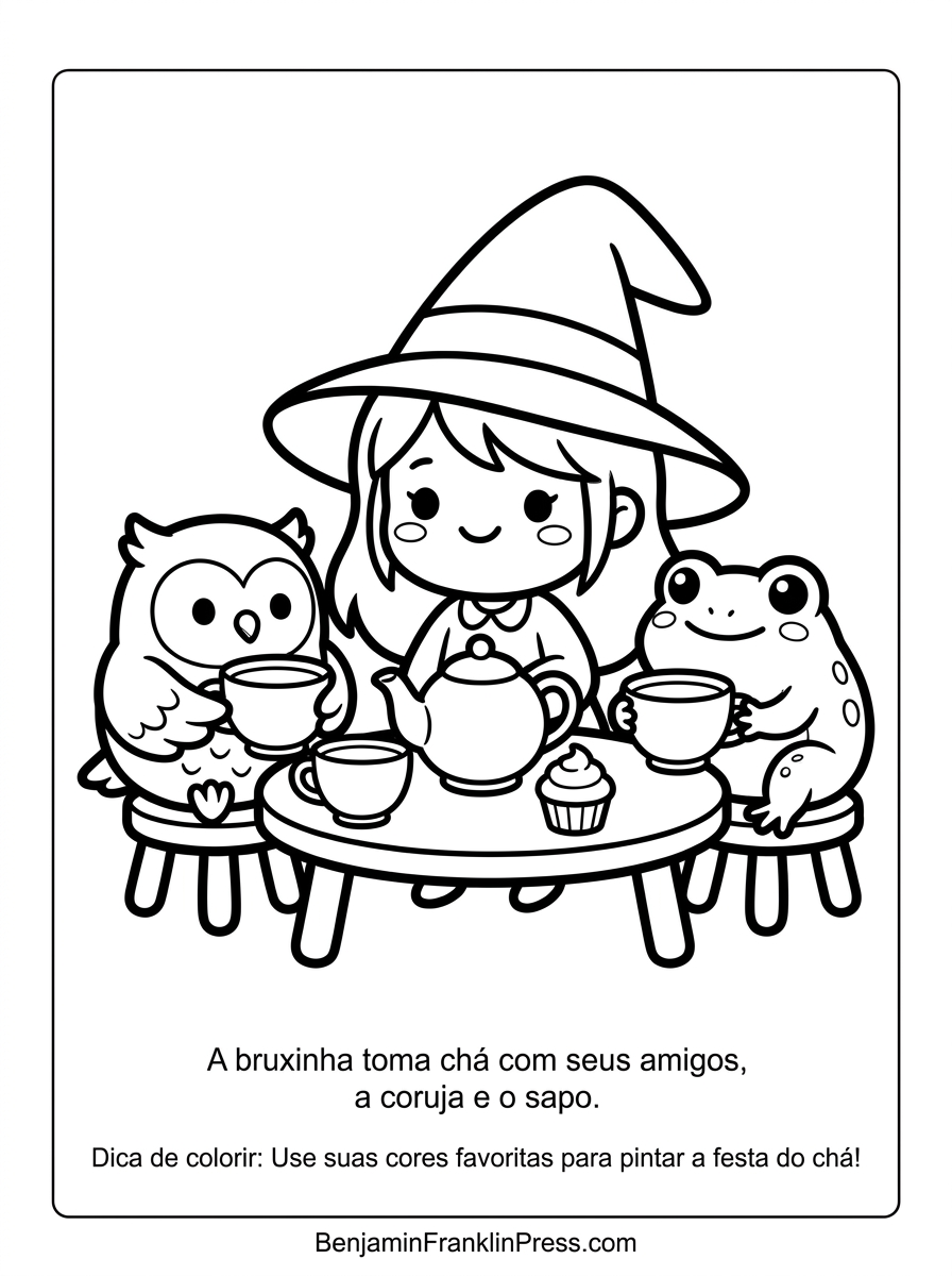 tomando chá com coruja e sapinho, atividade para crianças