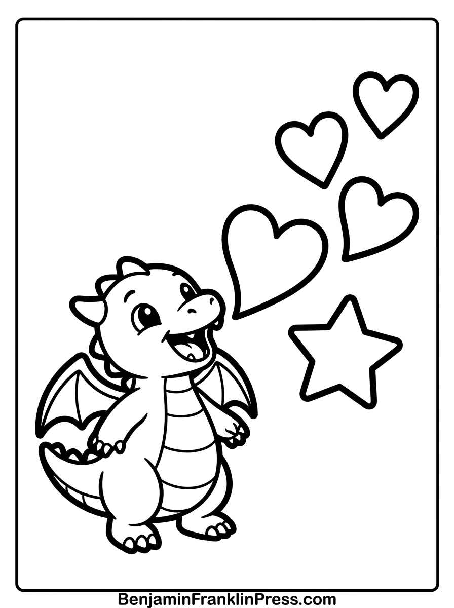 Soprando corações, dragãozinho fofo expressando carinho, página para colorir infantil