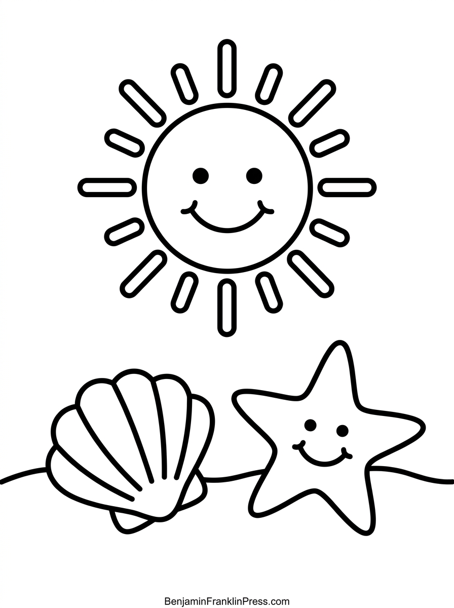 sol sorridente, concha e estrela-do-mar sobre a areia