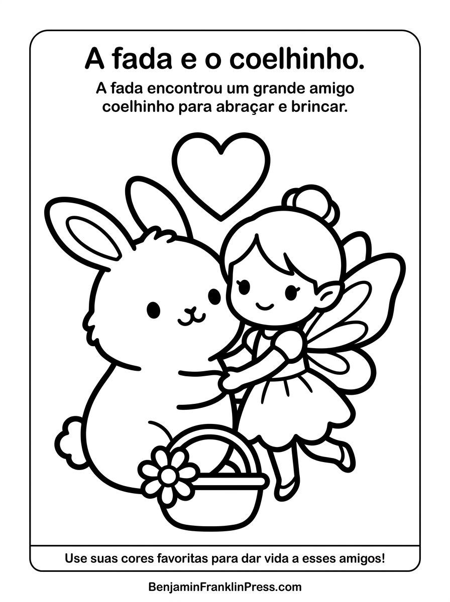 abraçando uma coelhinha fofa, com um coração flutuando acima, desenho para crianças