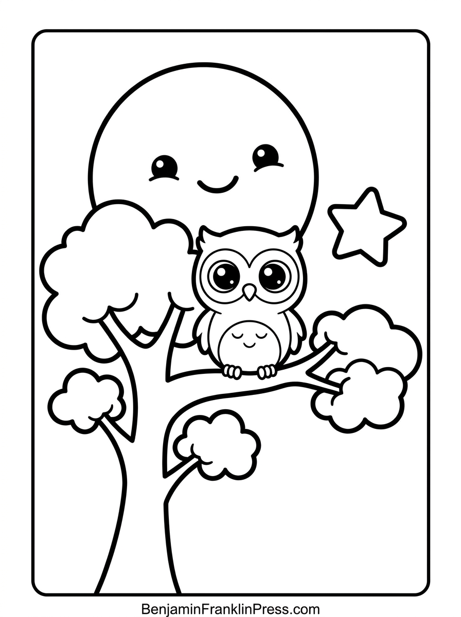 Página para colorir com coruja fofa e lua cheia sorridente ao fundo, tema noturno infantil