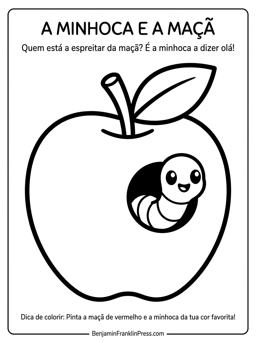 minhoquinha fofa espiando de dentro da fruta, ilustração divertida infantil