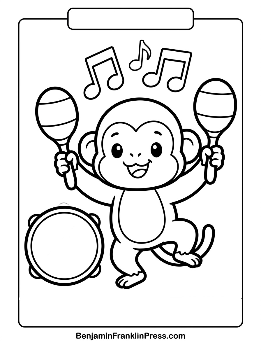 tocando maracas e dançando, com notas musicais flutuando ao redor