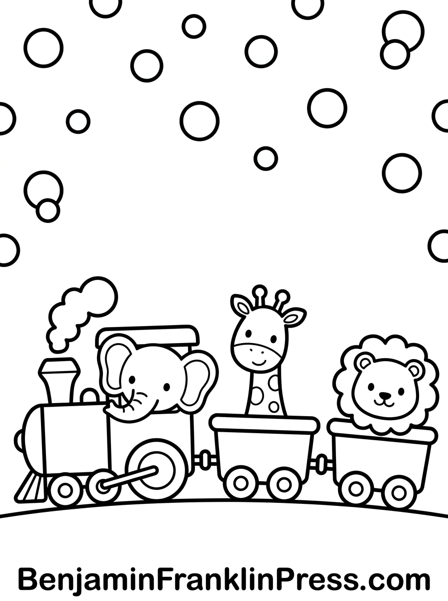 Desenho de trem do circo para colorir, com elefante, girafa e leão fofos nos vagões
