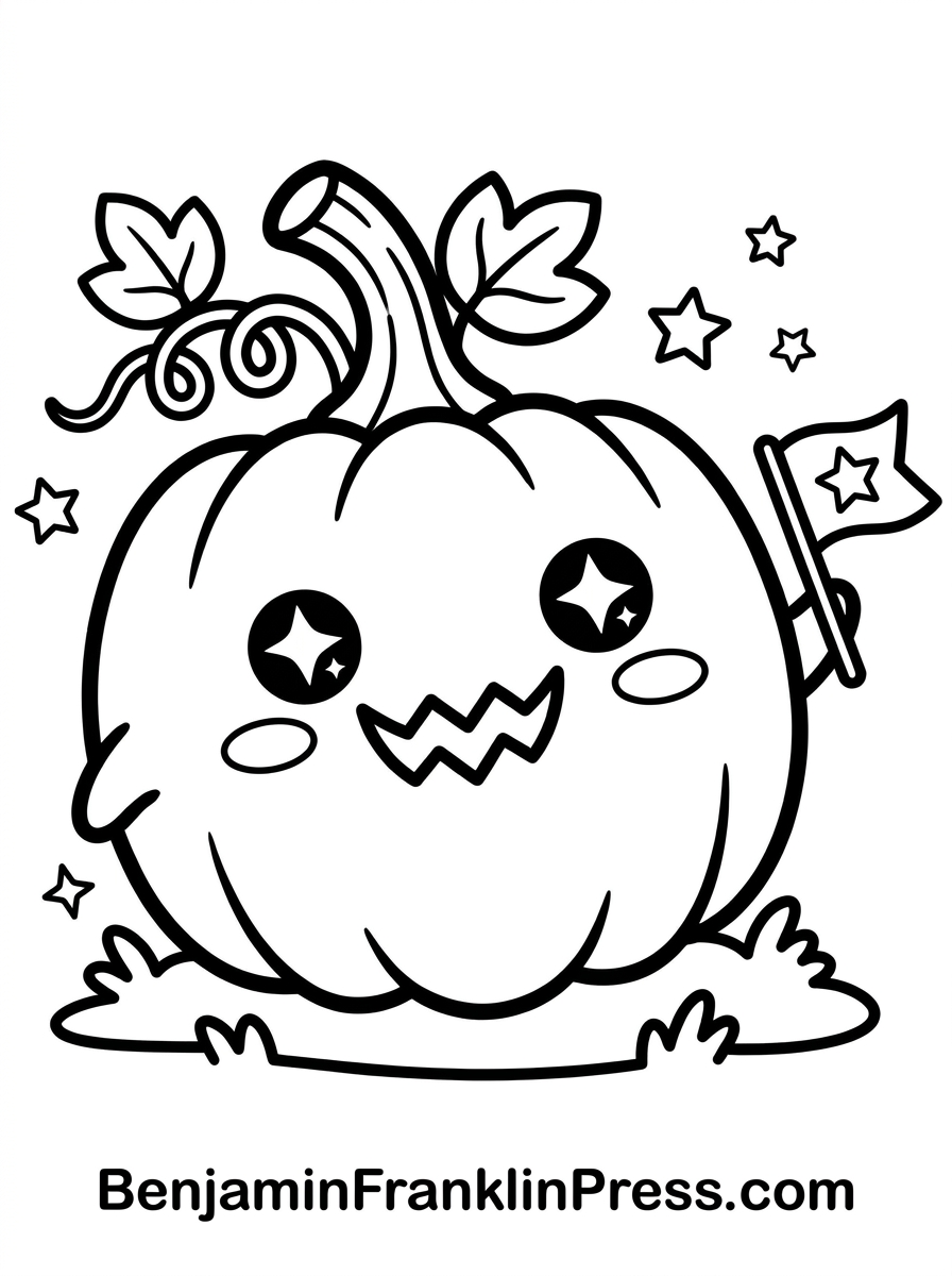 Desenho de halloween para colorir: abóbora fofa e sorridente em estilo chibi