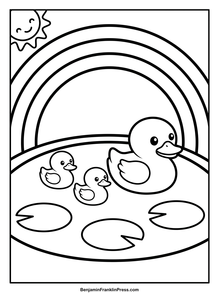 família de patinhos e folhas de vitória-régia, desenho infantil