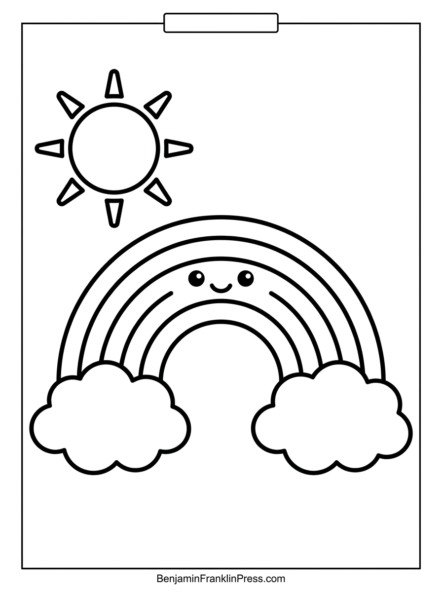 Desenho de arco-íris para colorir com carinha sorridente, sol e nuvens fofas, ideal para crianças pequenas