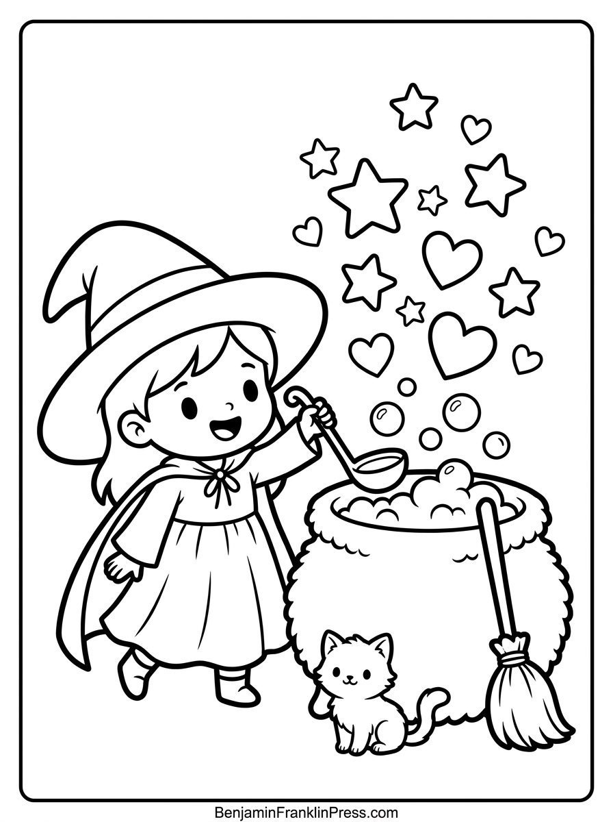 Desenho de halloween para colorir: bruxinha fofa com caldeirão de bolhas