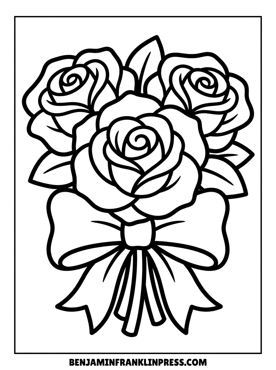 Desenho de buquê com três rosas para colorir, amarradas com laço, para crianças