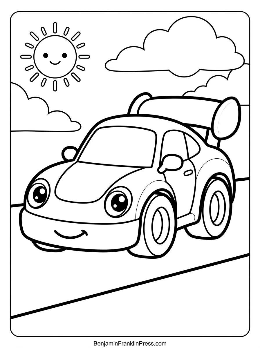 Carro de corrida para colorir em estilo chibi, com faróis fofos e sorriso simpático, ideal para crianças pequenas