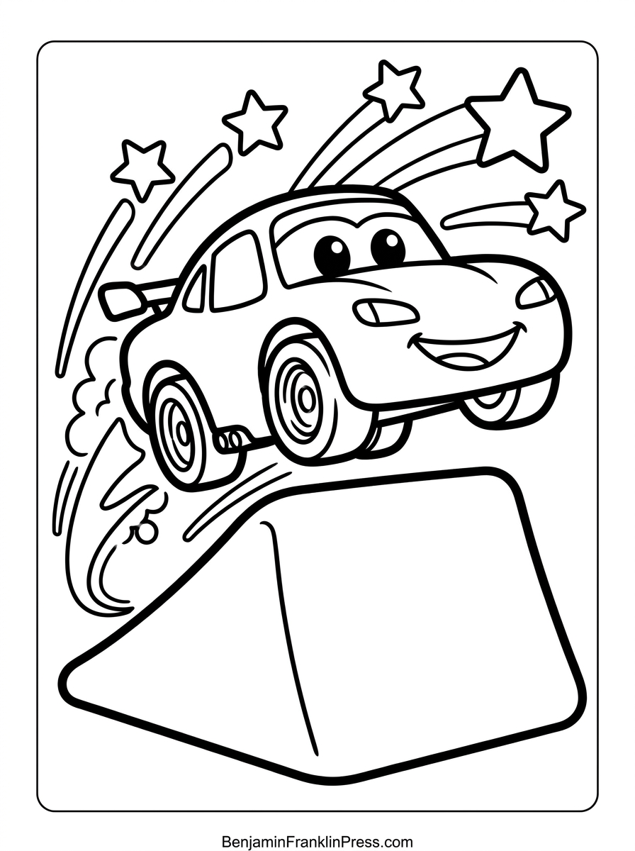 Carro de corrida para colorir pulando sobre uma rampa, com estrelinhas ao redor, estilo infantil fofo
