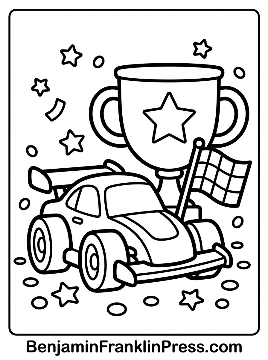 Carro de corrida para colorir ao lado de um troféu e bandeira quadriculada, cena de comemoração