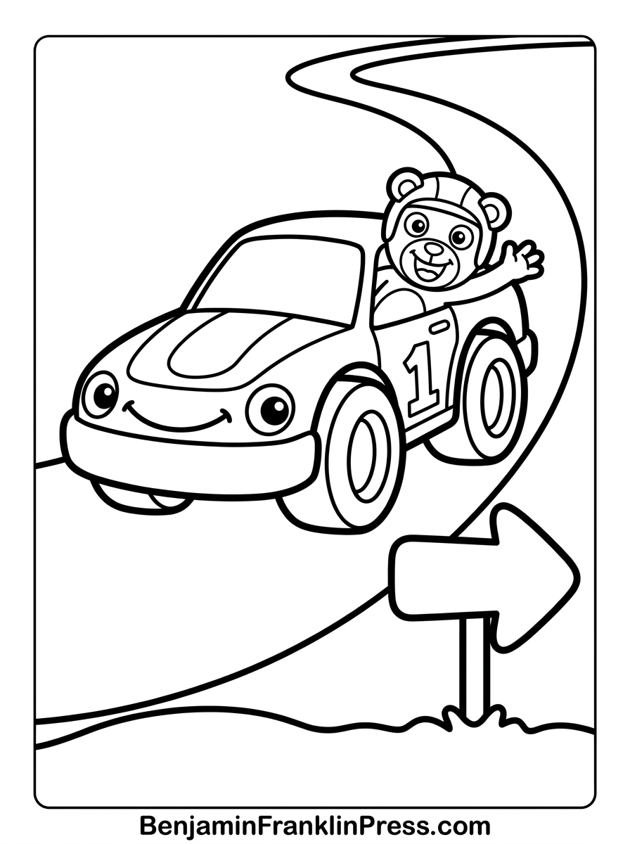 Carro de corrida para colorir com um bichinho de estimação fofo na janela, em uma pista curva