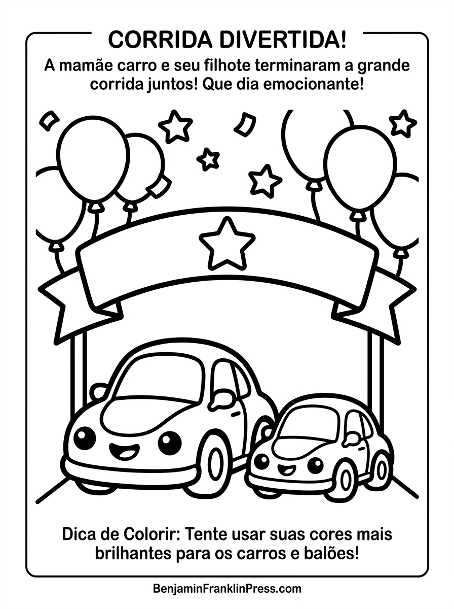 cruzando a linha de chegada, com balões e estrelas ao fundo