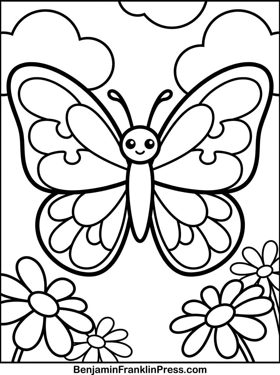 Desenho da primavera para colorir de borboleta grande com asas divididas em seções simples