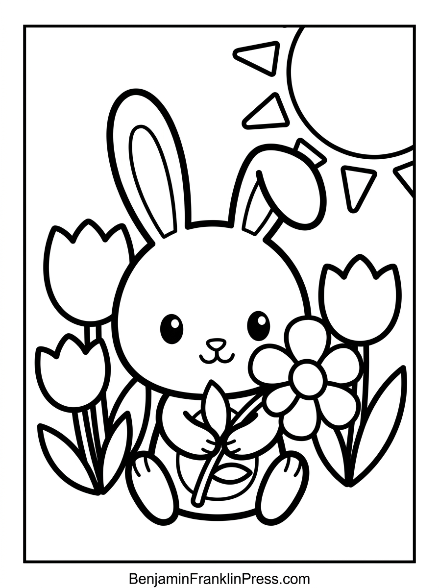 Desenho da primavera para colorir de coelhinha fofa segurando uma flor grande