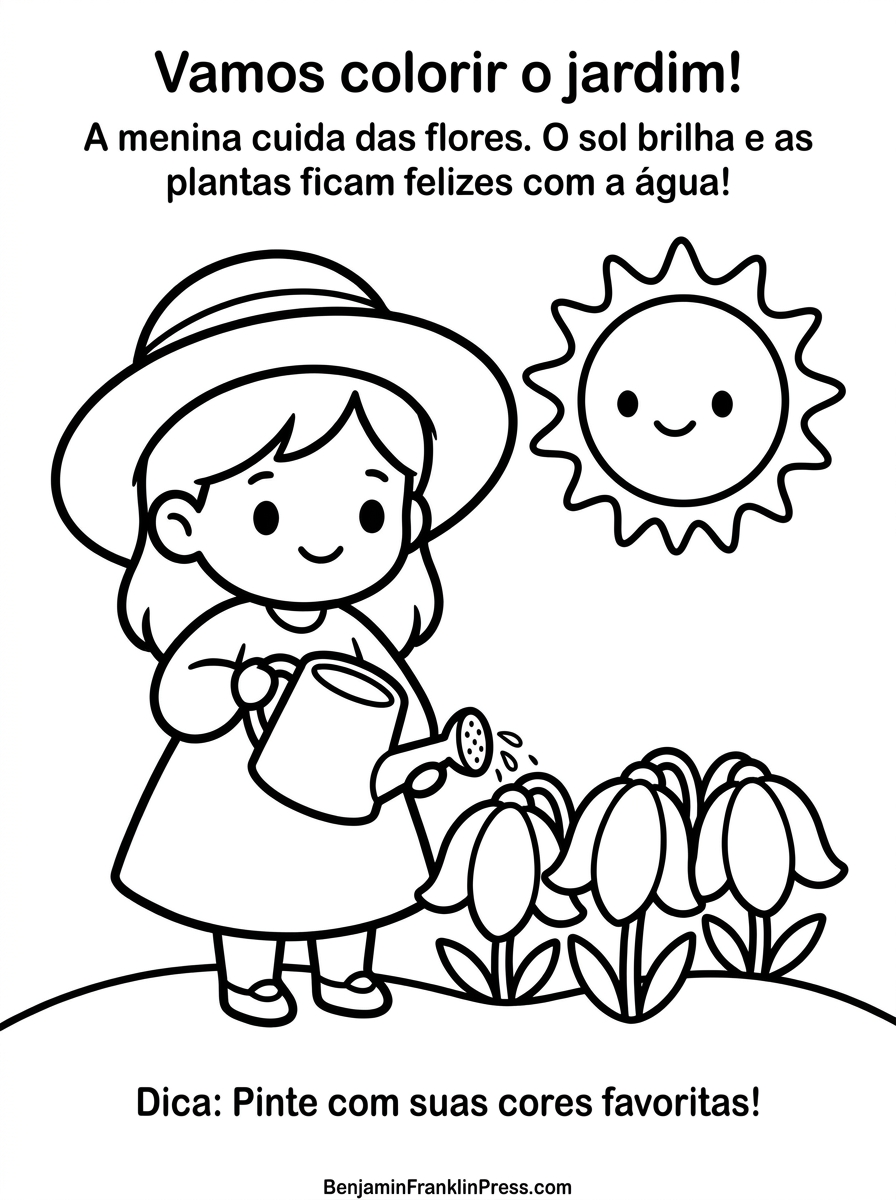 Desenho da primavera para colorir de menina jardineira regando flores com chapéu de sol