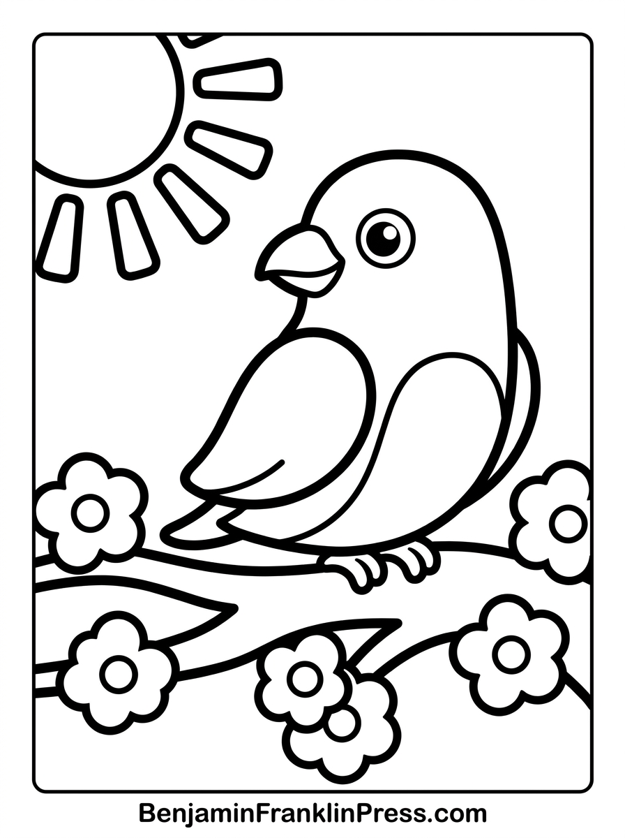 Desenho da primavera para colorir de passarinho pousado em galho florido de ipê