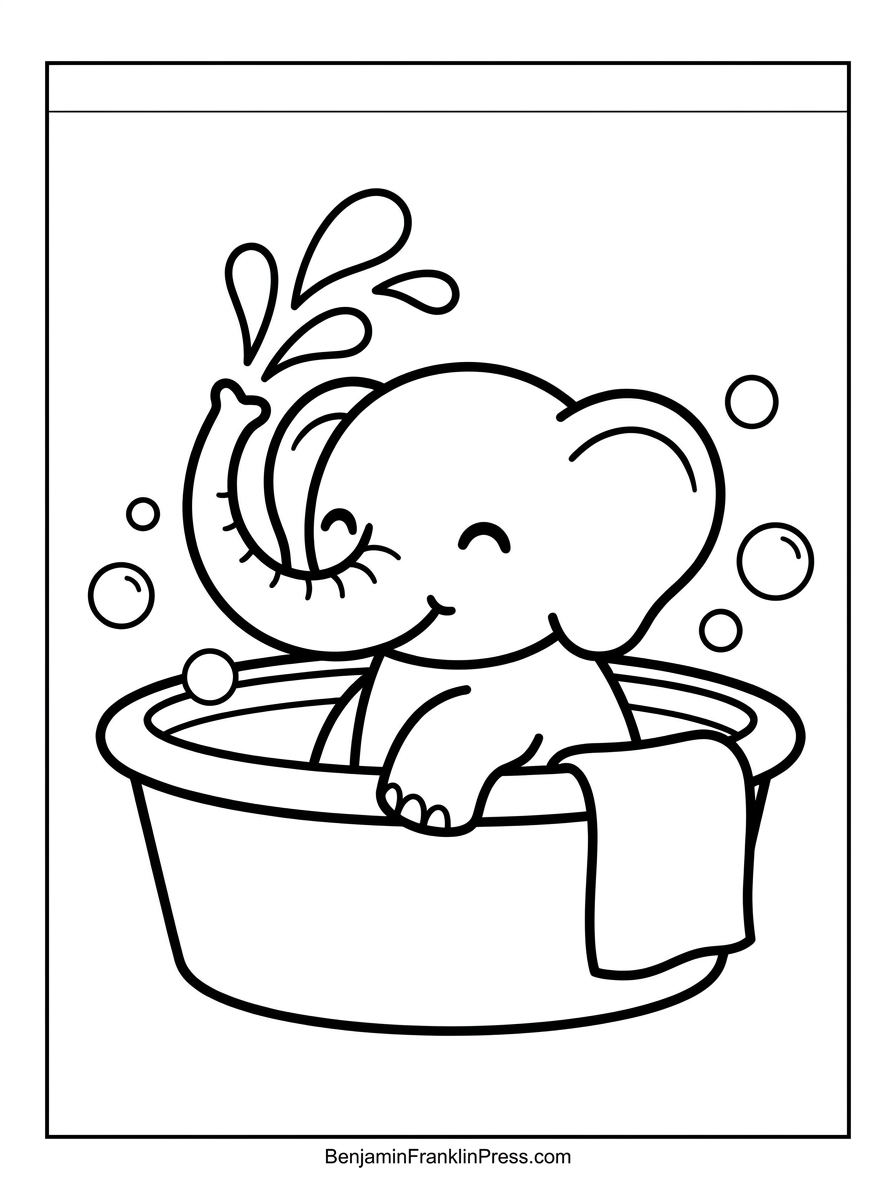 Desenho de elefante para colorir tomando banho, cena fofa com bolhas de sabão para crianças