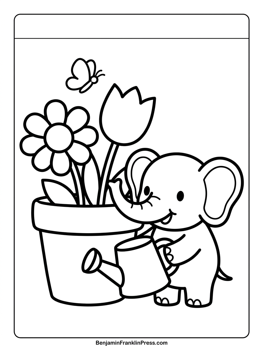 Desenho de elefante para colorir jardineiro, regando flores, ilustração infantil fofa