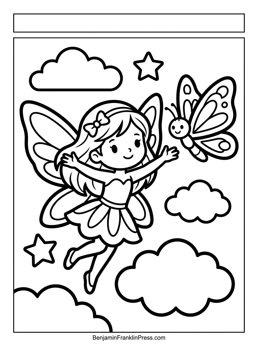 Desenho de fada para colorir voando ao lado de uma borboleta, página infantil em preto e branco