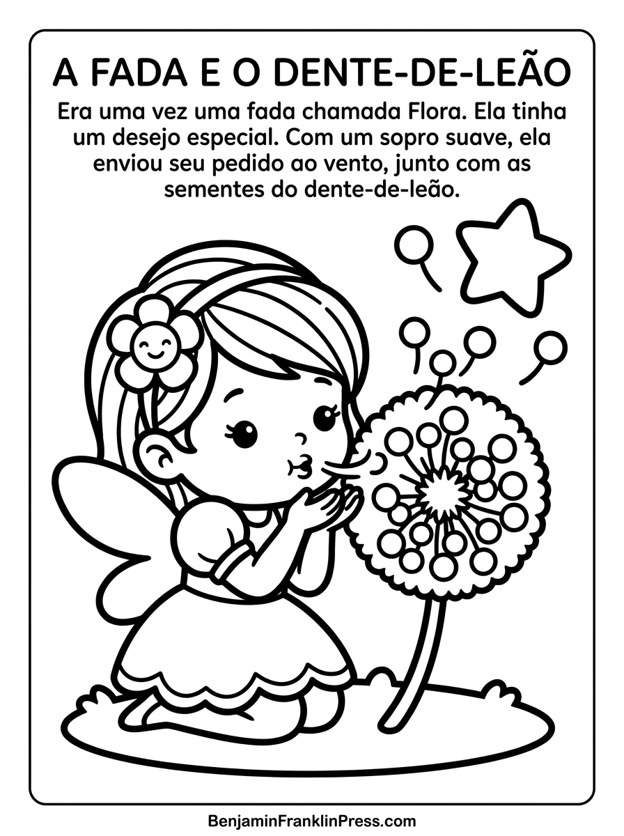 Desenho de fada para colorir soprando dente-de-leão, ilustração infantil em preto e branco