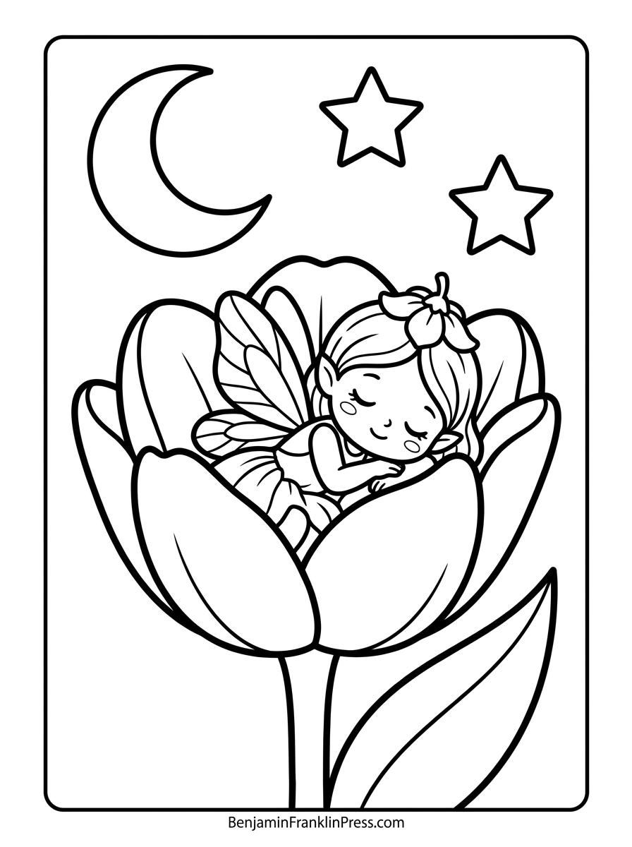 Dormindo dentro de uma tulipa, sob a lua e estrelas