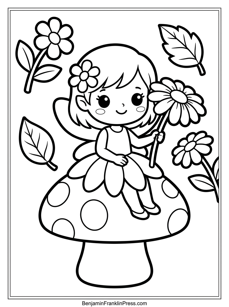 Desenho de fada para colorir sentada em um cogumelo, ilustração infantil em estilo chibi