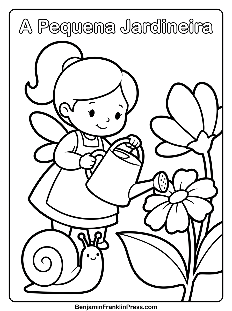 Desenho de fada para colorir regando flores no jardim, com caracol, ilustração infantil