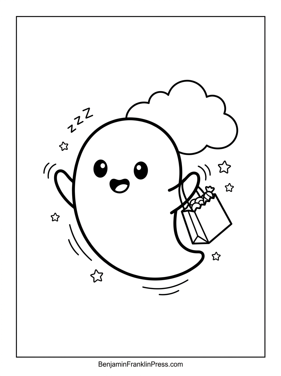 Desenho de halloween para colorir: fantasminha fofo flutuando com estrelinhas