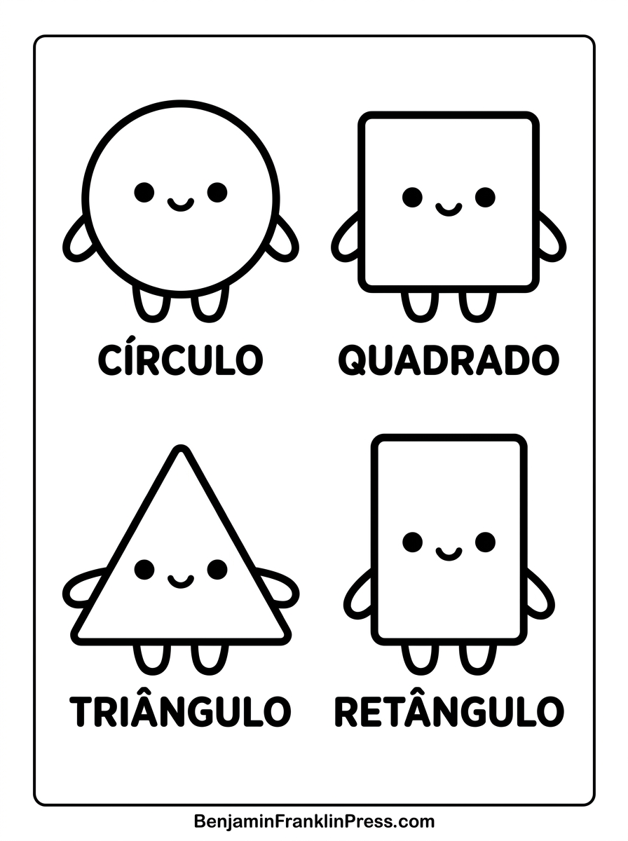 Formas geométricas para colorir: círculo, quadrado, triângulo e retângulo fofos em estilo chibi para crianças