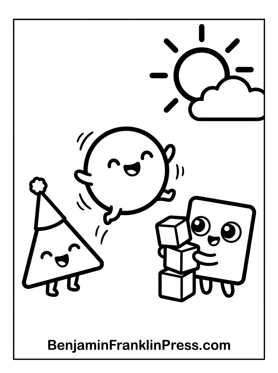 Desenho de formas geométricas para colorir brincando no parquinho, com círculo, quadrado e triângulo animados