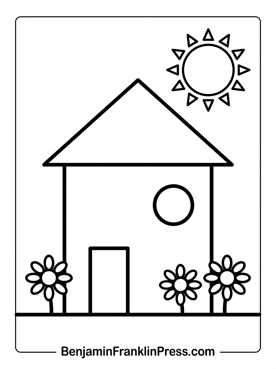 Casinha feita de formas geométricas para colorir, com quadrado, triângulo, círculo e retângulo formando uma casa fofa