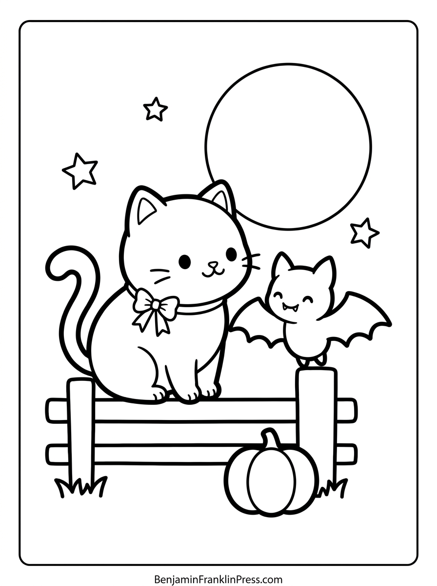 Desenho de halloween para colorir: gatinho preto e morceguinho fofos e amigos
