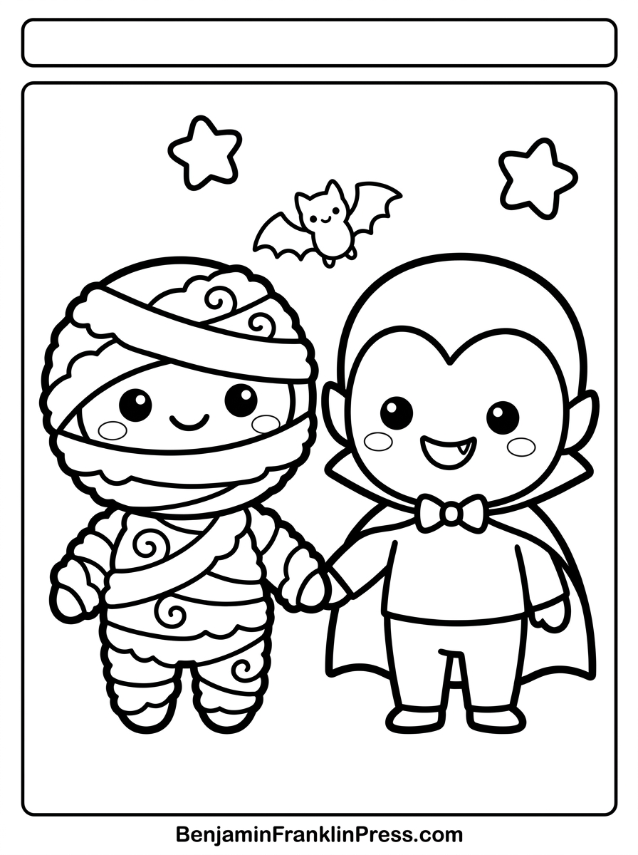 múmia e vampirinho fofos de mãos dadas