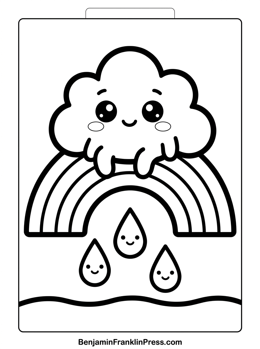 Nuvem fofa sentada sobre um arco-íris para colorir, cercada de gotas de chuva sorridentes, desenho infantil