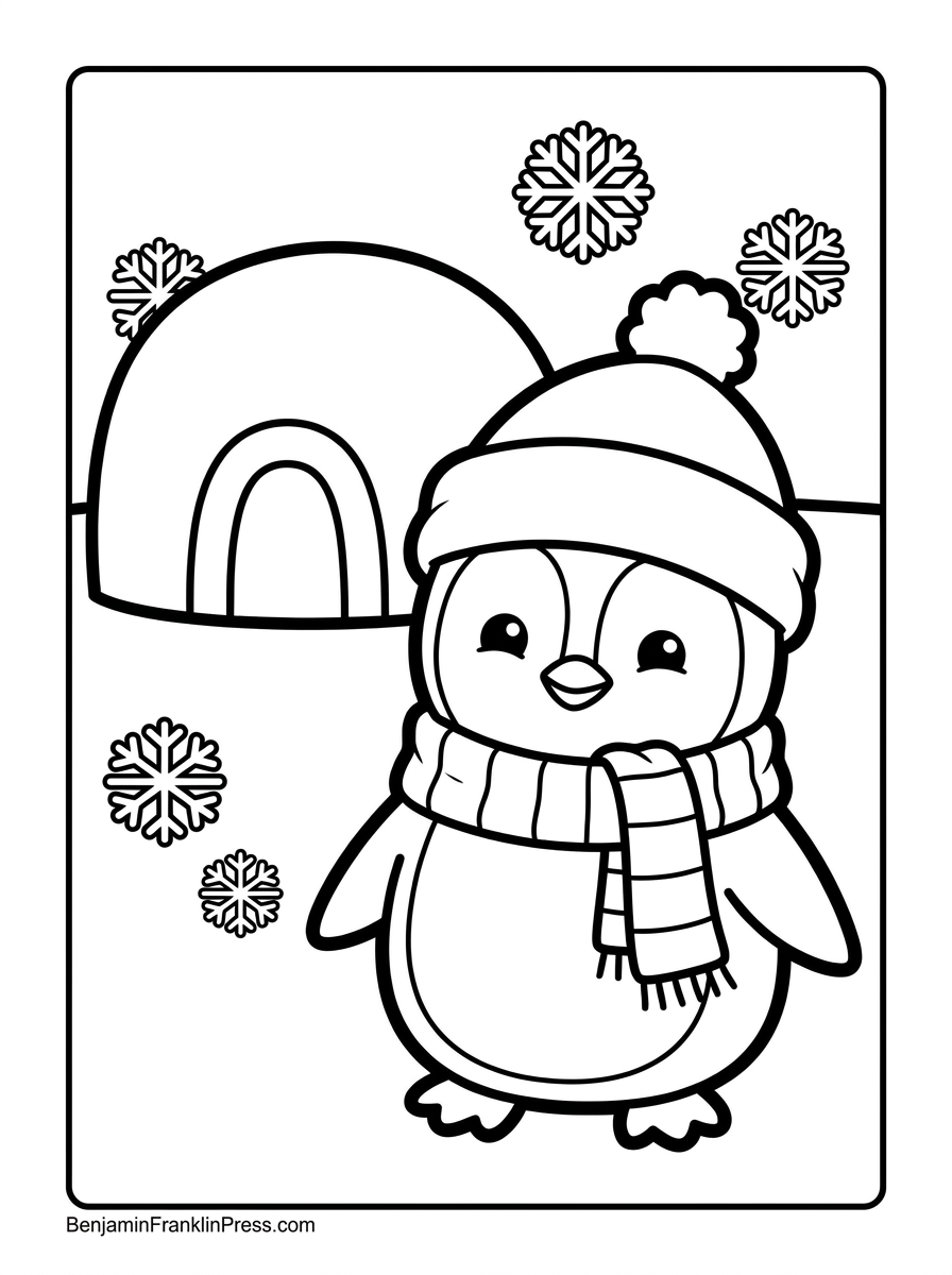 Pinguim para colorir com cachecol e gorro, desenho de inverno infantil