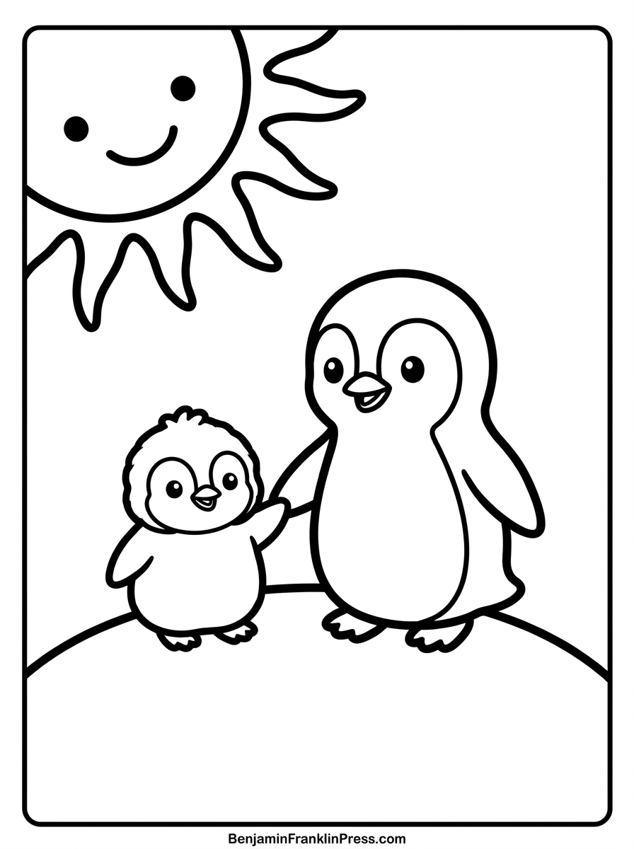 Pinguim para colorir em família, pai e filhote juntos, desenho infantil