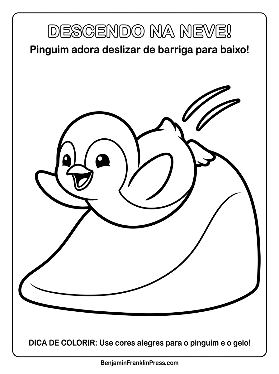 Pinguim para colorir escorregando no gelo, desenho animado para crianças